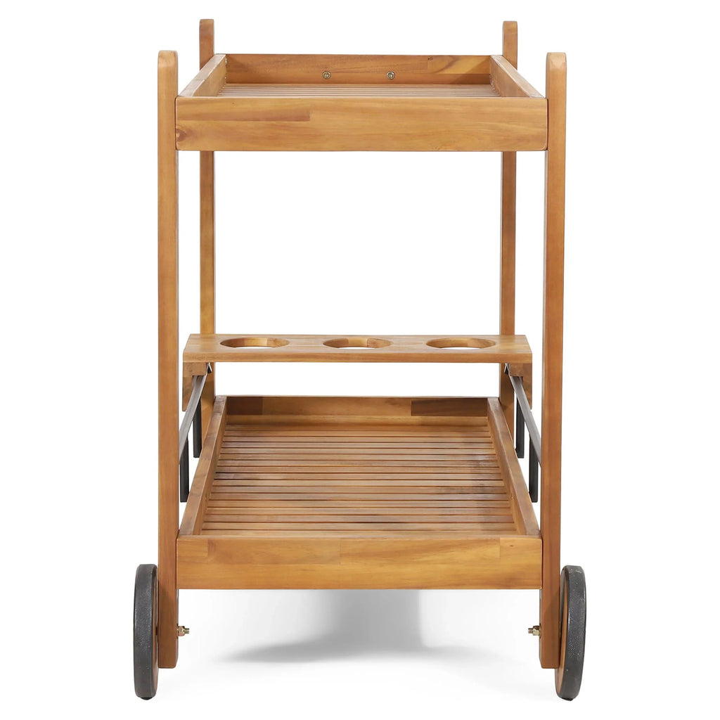GDF Studio Bonneau Outdoor Acacia Plank 2 Tiered Bar Cart with Bottle Holders, Teak and Black