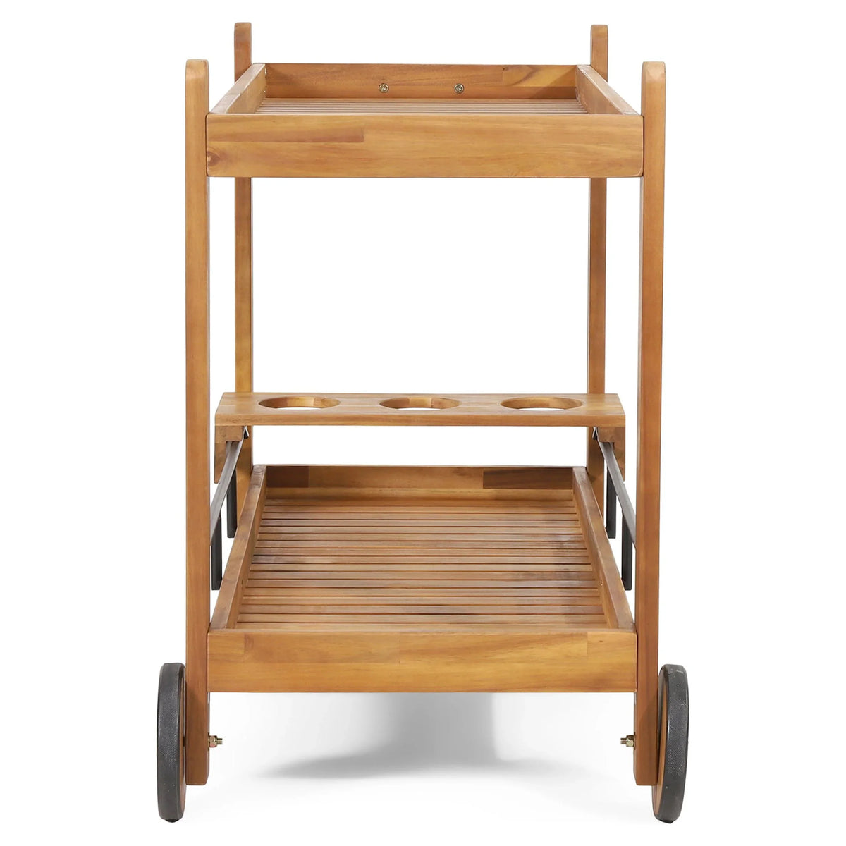 GDF Studio Bonneau Outdoor Acacia Plank 2 Tiered Bar Cart with Bottle Holders, Teak and Black