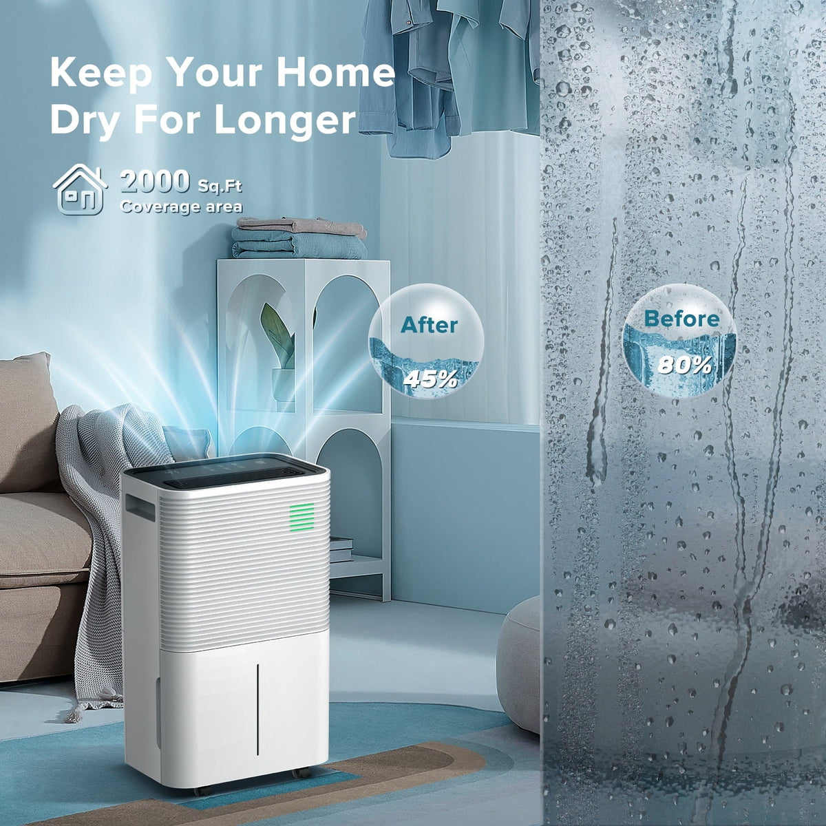 KISSAIR 45 Pint Dehumidifiers with handle, Dehumidifier with Drain Hose, 3 Operation Modes, 24H Timer, Portable Dehumidifier for Basement/Bathroom/Laundry Room