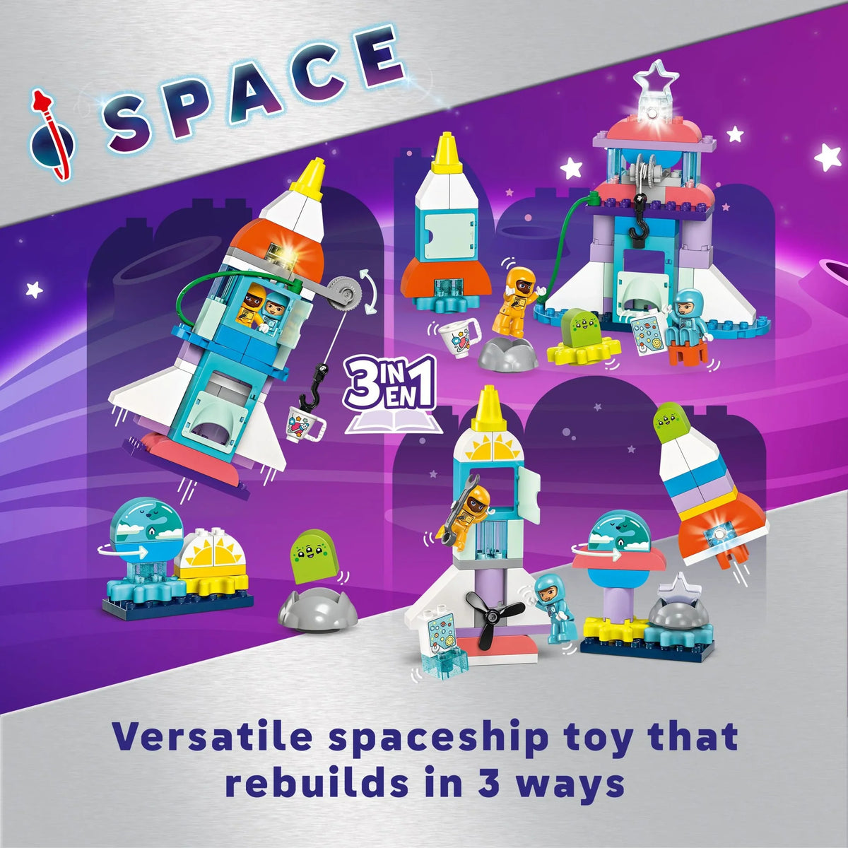 LEGO DUPLO 3 in 1 Space Shuttle Adventure Rocket Ship Building Set, Kids Educational Space Protection Toy for 3-Year-Olds and Up, Develops Preschool Kids’ Learning and Fine Motor Skills, 10422