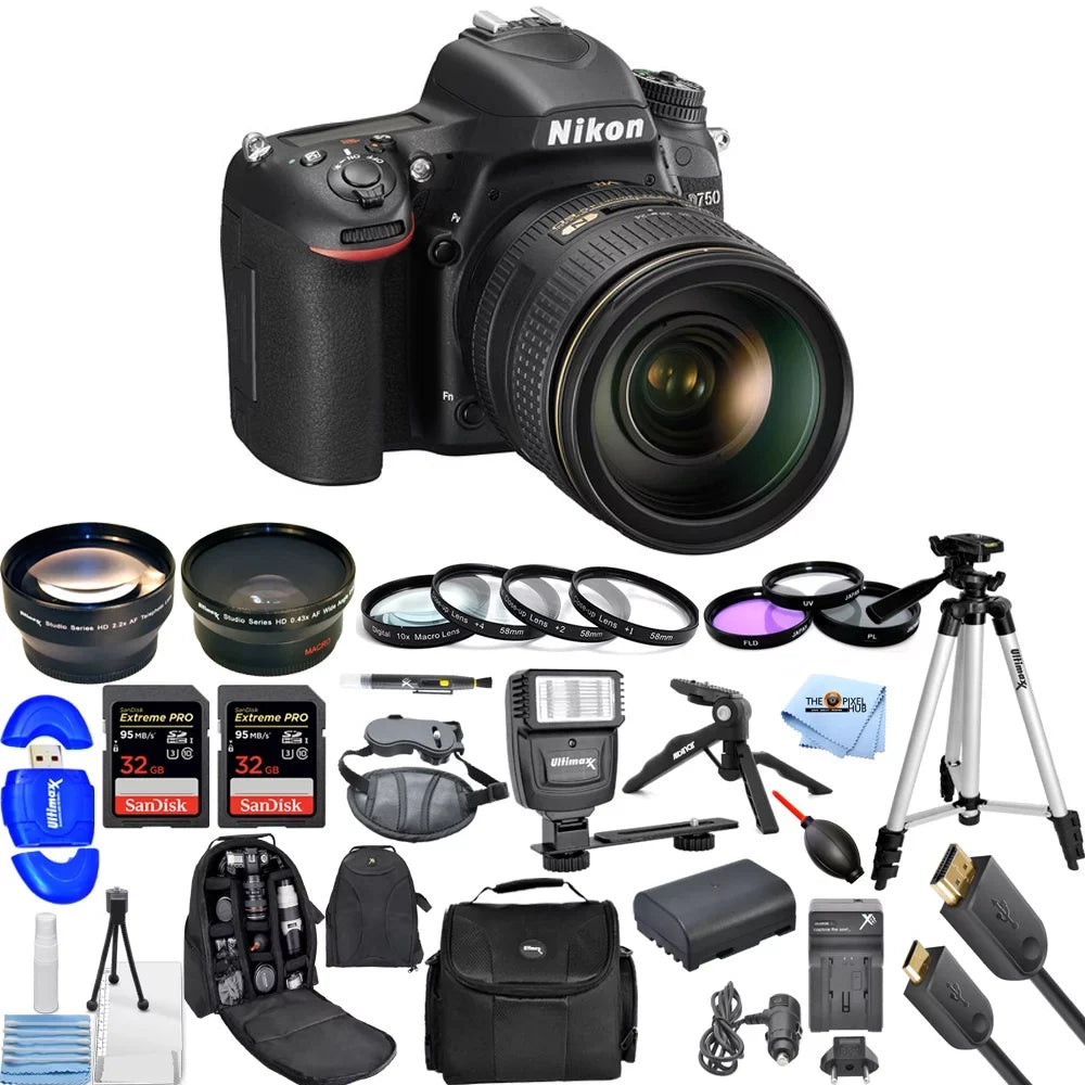 Nikon D750 24.3MP DSLR Camera with 24-120mm Lens (Black) Top Value Bundle Includes: Extra Battery and Charger, Dual Sandisk Extreme Pro 32GB (64GB) SD, Flash, Backpack, Filter Kit, Tripod, Telephoto a