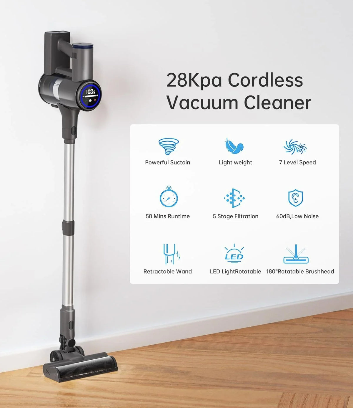 Cordless Vacuum Cleaner 28KPA, Stick Vacuum Cleaner Cordless with 7 Power Modes, 50 Mins RunTime Vacuum Cleaners for Home Lumber Floor and Carpet, Pet Hair