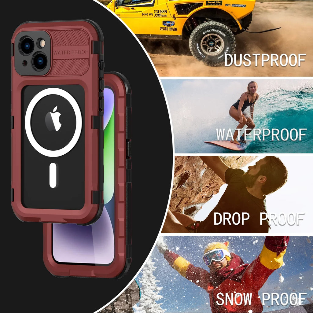 for iPhone 14 Plus Case Waterproof Shockproof Dustproof Full-Body Sturdy with Camera Lens Protection and Built-in Screen Protector,Underwater Full Sealed Enclosure for iPhone 14 Plus, Red