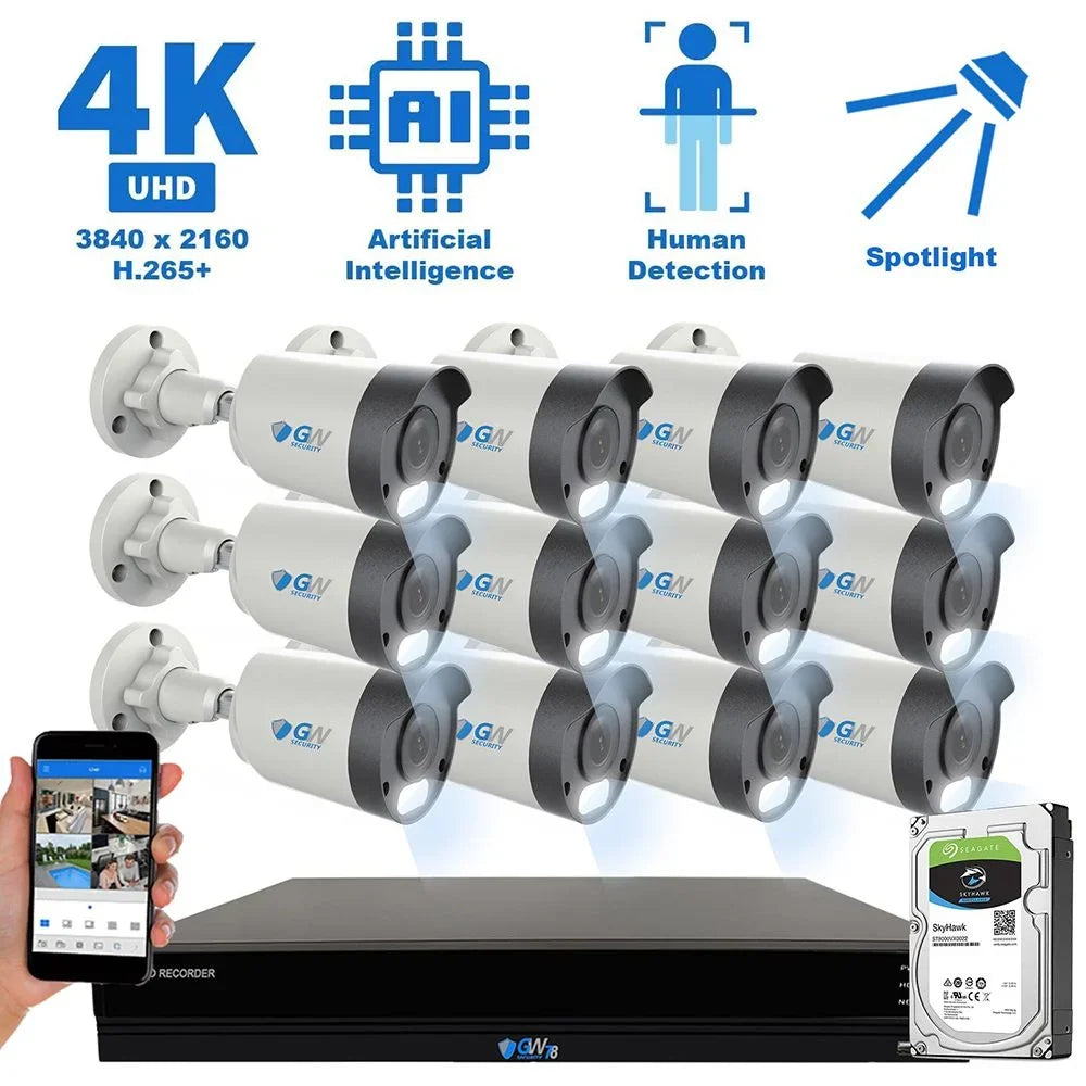 GW 16 Channel 4K NVR 8MP (3840x2160) H.265+ Sony Starvis Starlight Smart AI Security Camera System - 12 x UltraHD 4K Human Detection PoE IP Bullet Camera - 8MP (Two Times The Resolution of 4MP HD)