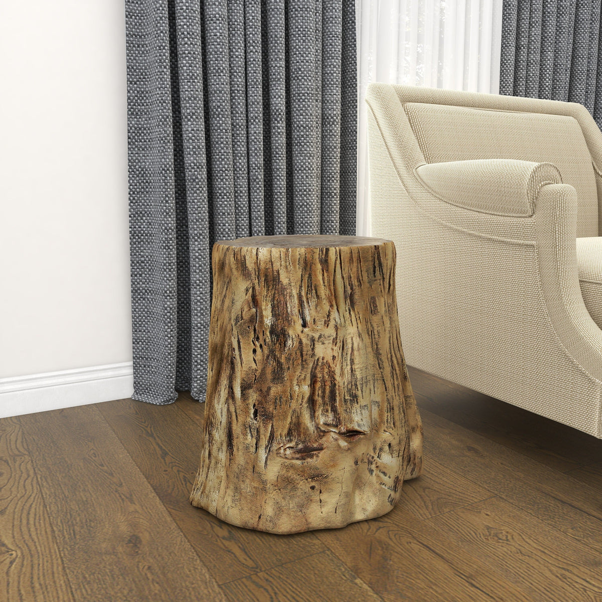 DecMode Eclectic Gold Chopped Tree Log Inspired Accent Table, 18"W x 19"H with Gold Carved Lumber Grain Finish