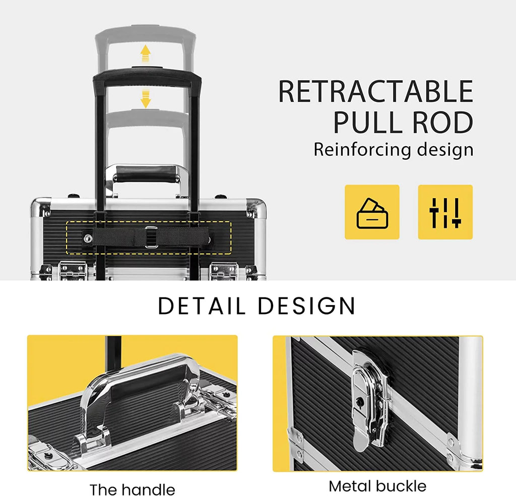 VIVOHOME 4 in 1 Makeup Rolling Train Case Aluminum Trolley Professional Cosmetic Organizer Box with Shoulder Straps 2 Keys Black(Cosmetic are not included)