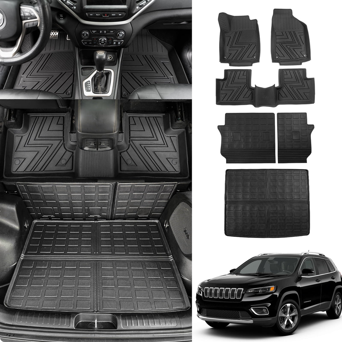 Floor Mats Compatible with 2019-2023 Jeep Cherokee Cargo Liner Trunk Mat TPE All Weather Back Seat Enclosure Protector 2022 Cherokee Accessories (Trunk Mat+Backrest Mats+Floor Mats)
