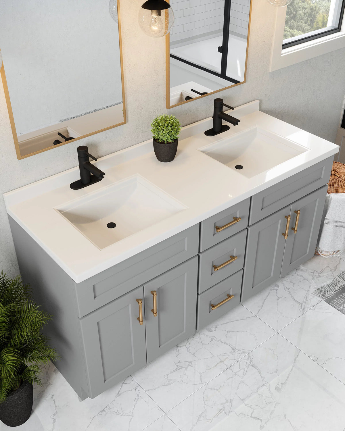 Pattern House 557678-WHT 61-inch Camilla Cultured Marble Centerset Mount Rectangle Double Bowl Vanity Top with Integrated Backsplash, Strong White