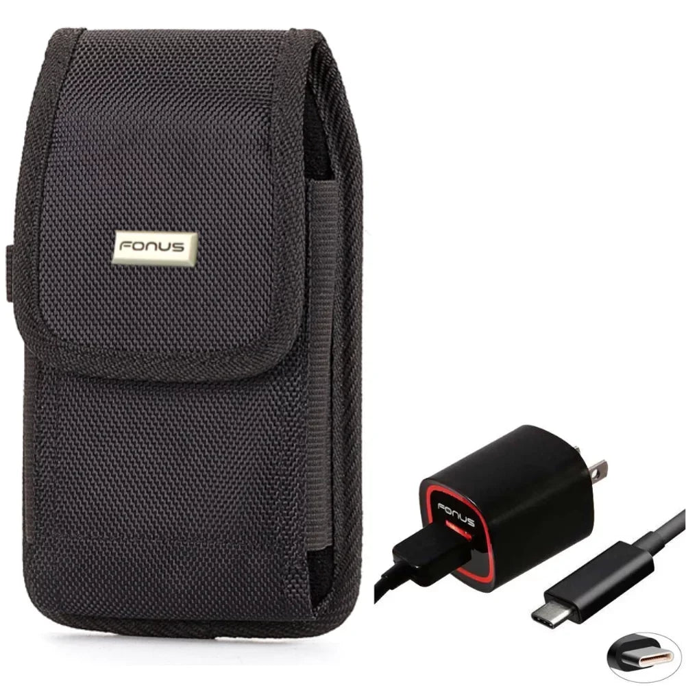 Holster Rugged Case Belt Clip w USB Cable 2.4A Home Charger for Motorola Moto Z Force Droid, Revvlry Plus, Edge Plus, G7 G6 G Stylus 5G (2022) (2021) Pure Power (2022) (2021) (2020)