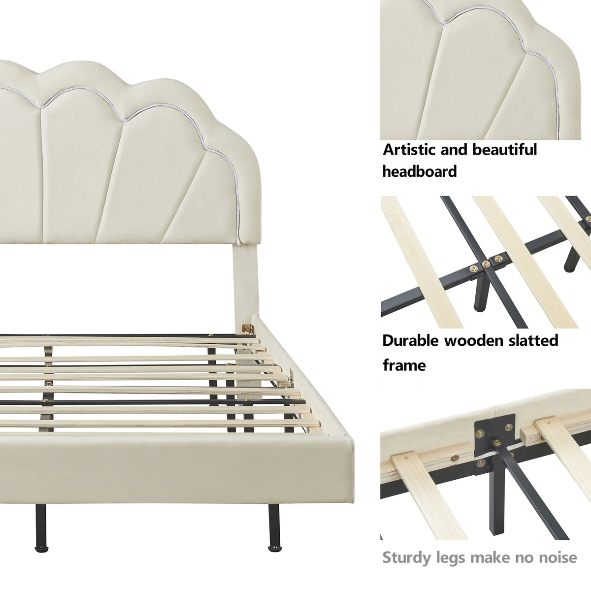 Cosymart Full Upholstered Smart LED Bed Frame with Elegant Flowers Headboard， Floating Velvet Platform LED Bed with Timber Slats Support， Beige