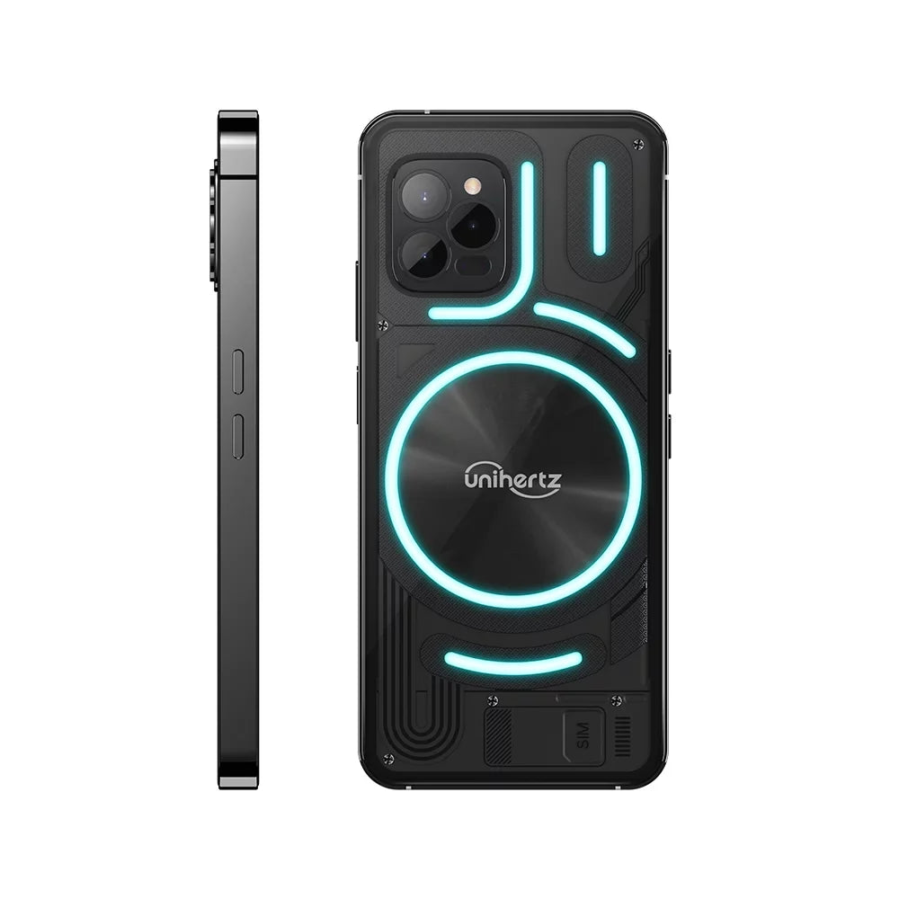 Unihertz Luna (Black) - Colorful LED Light, Android 12 4G Smartphone, 108MP Camera, 5000 mAh Battery and Fast Charging, NFC, Unlocked Smartphone with Industrial Transparent Back Arrangement