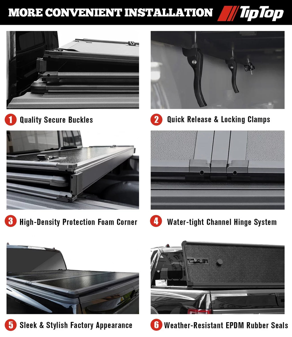 TIPTOP Tri-Fold Hard Tonneau Enclosure Truck Bed FRP On Top For 2017-2023 Nissan Titan 5.5ft Bed (67") w/o Titan Box | TPM3 |For Models With or Without The Deck Rail System|