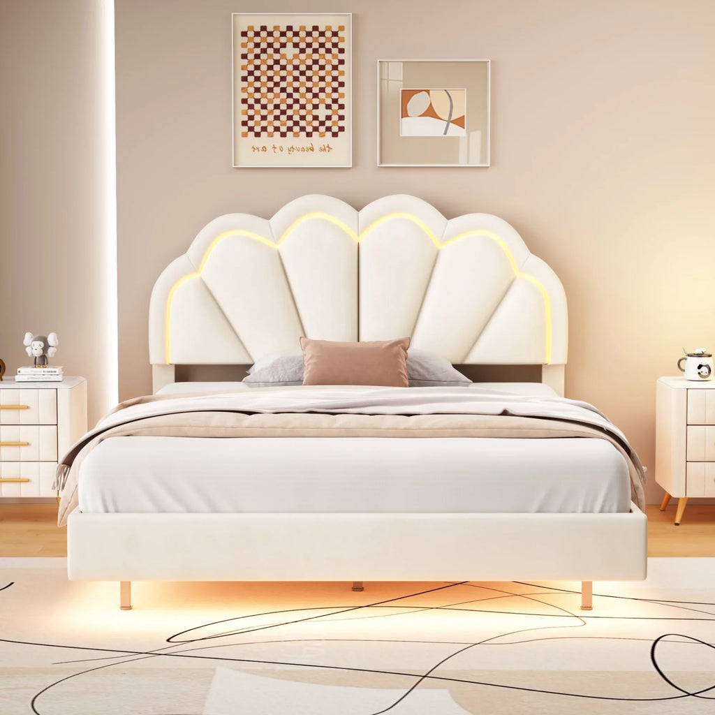 Cosymart Full Upholstered Smart LED Bed Frame with Elegant Flowers Headboard， Floating Velvet Platform LED Bed with Timber Slats Support， Beige