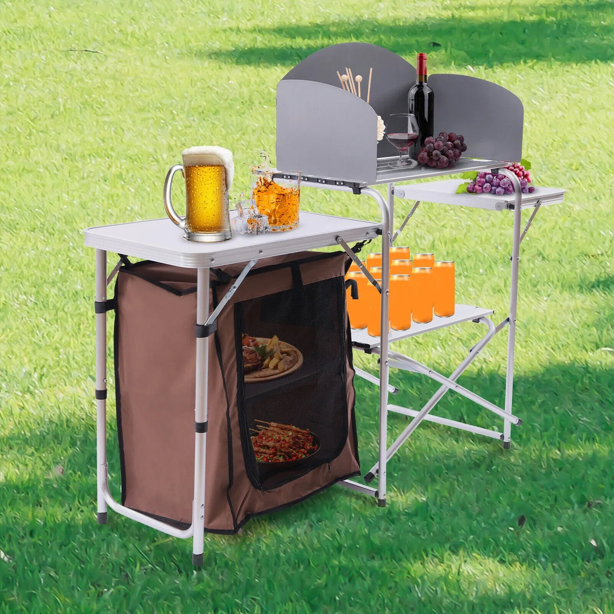 DENEST Folding Camping Kitchen Station Portable Barbecue Table Rack Brown Fabric Shield