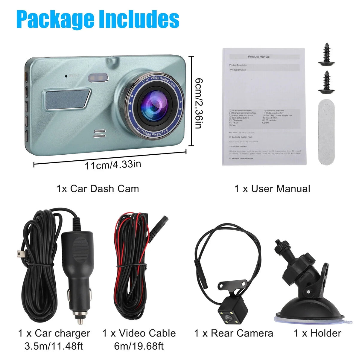 HD 1080P 2 Lens Car DVR Dash Cam Front Rear View Camera Video Recorder G-Sensor