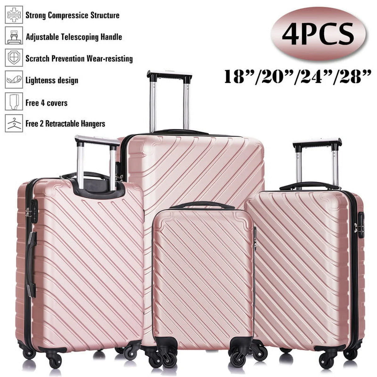 4 Piece Hardshell Luggage Sets,Travel Suitcase,Carry On Luggage with Spinner Wheels Free Enclosure Inside rose gold