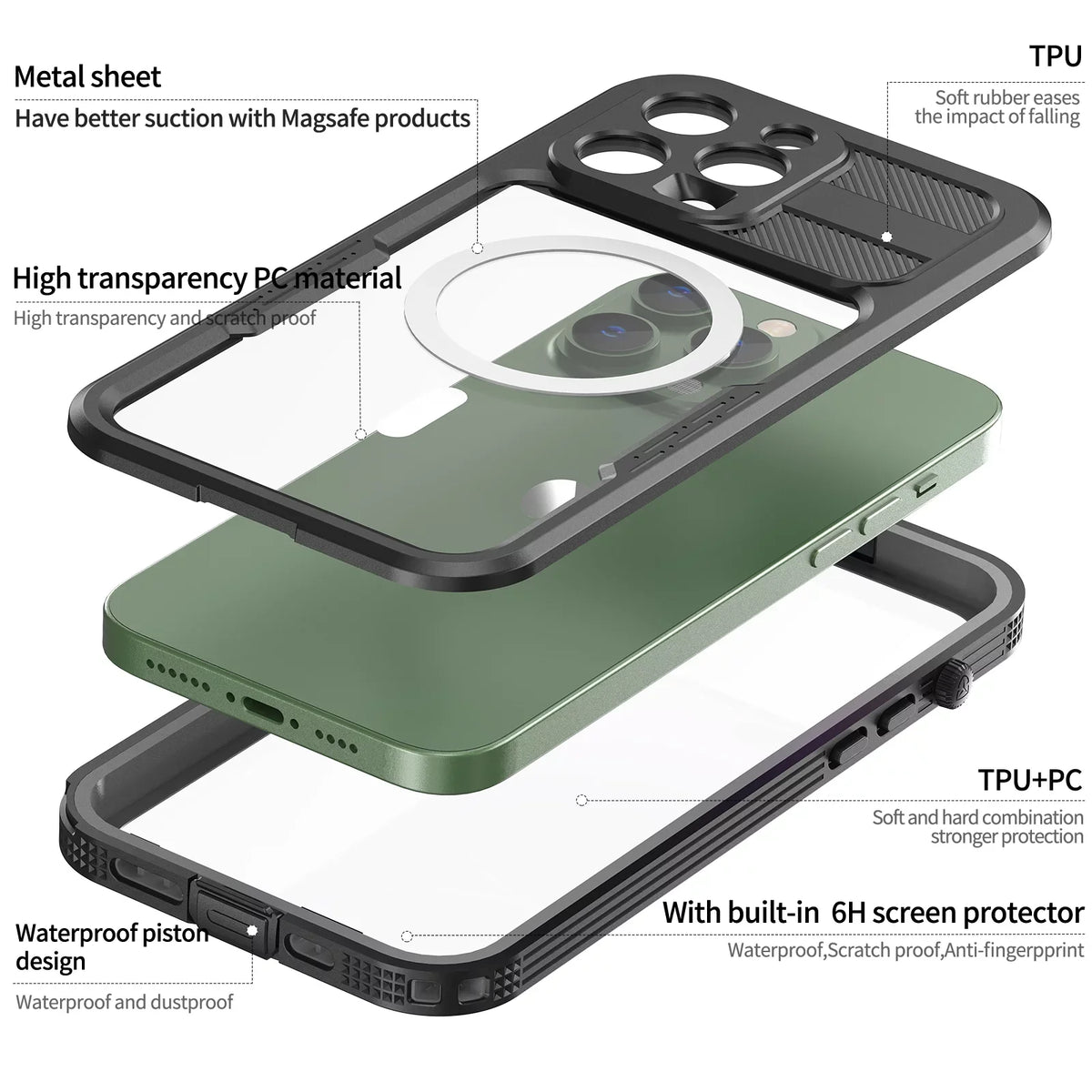 for iPhone 14 Pro 6.1" Case Waterproof, Built-in 6H Screen Protector [Real 360][IP68 Underwater][14FT Military Dropproof][Dustproof][Compatible with MagSafe] for iPhone 14 Pro - Black