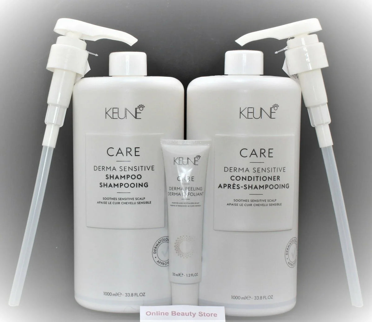 Keune Care Derma Sensitive Shampoo and Conditioner 33.8 oz With FREE pumps and Derma Peeling