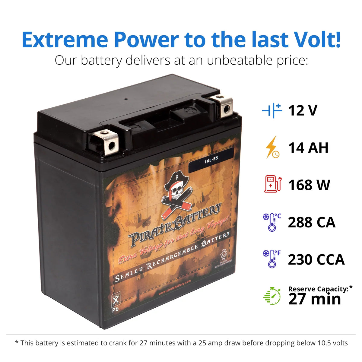 Pirate Battery YTX16L-BS (16L-BS 12 Volt,14 Ah, 230 CCA) Jet Ski Battery for Kawasaki Js750 Sx Zx 1995