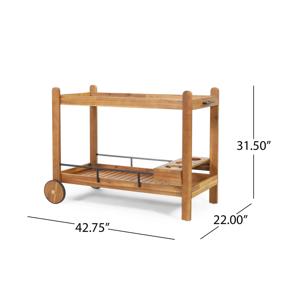 GDF Studio Bonneau Outdoor Acacia Plank 2 Tiered Bar Cart with Bottle Holders, Teak and Black