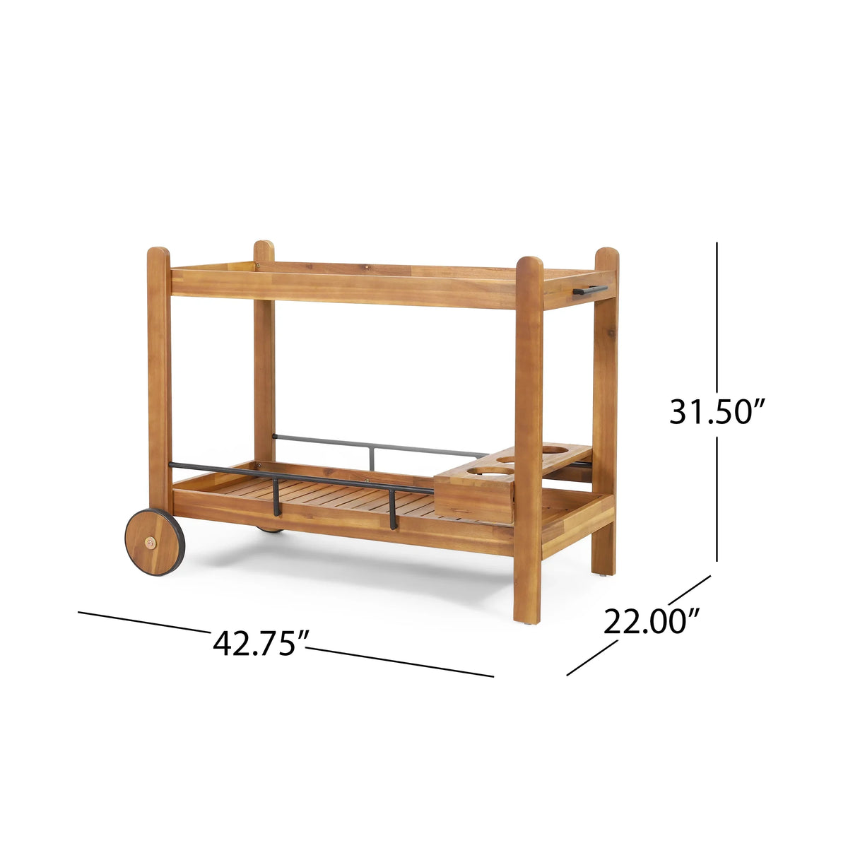 GDF Studio Bonneau Outdoor Acacia Plank 2 Tiered Bar Cart with Bottle Holders, Teak and Black