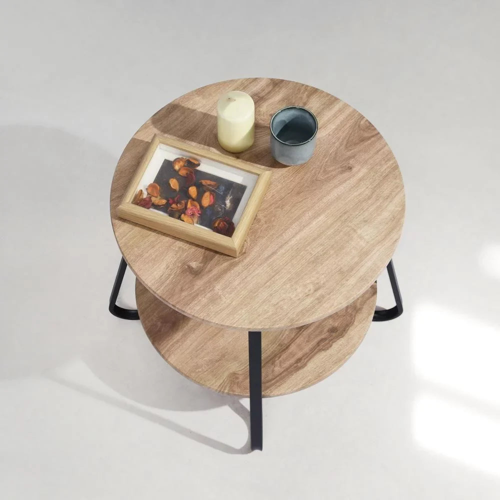 HomeRoots 483708 18 in. Manufactured Plank & Steel Round End Table, Black & Oak
