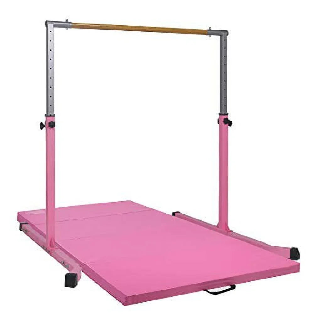 5 Star-TD Pink Gymnastic Kip Bar for Kids, Expandable 3-5 FT, Adjustable Height Horizontal Bar, Heavy Duty Curved Legs, Junior Training Equipment, Home Gymnastics, Strong and Sturdy