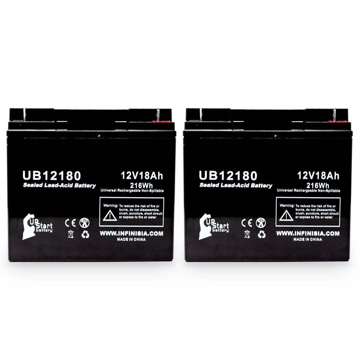 2x Pack - Compatible GS / Portalac PX12180 Battery - Replacement UB12180 Universal Sealed Lead Acid Battery (12V, 18Ah, 18000mAh, T4 Terminal, AGM, SLA)
