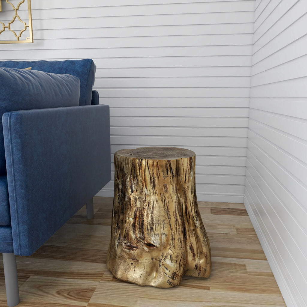 DecMode Eclectic Gold Chopped Tree Log Inspired Accent Table, 18"W x 19"H with Gold Carved Lumber Grain Finish