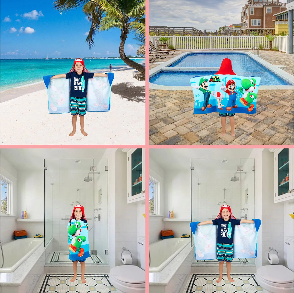 Super Mario Bath/Pool/Beach Soft Cotton Terry Hooded Towel Wrap, 24 in x 50 in, By Franco Kids