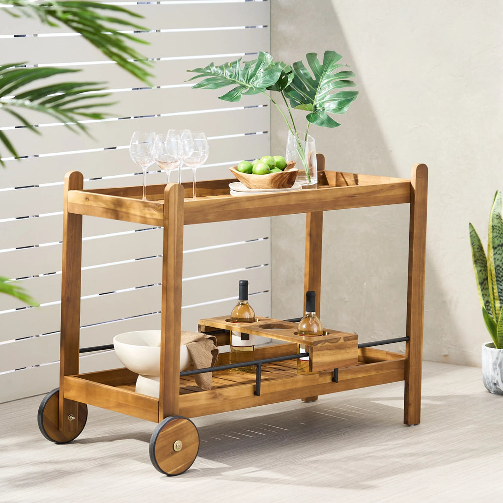 GDF Studio Bonneau Outdoor Acacia Plank 2 Tiered Bar Cart with Bottle Holders, Teak and Black