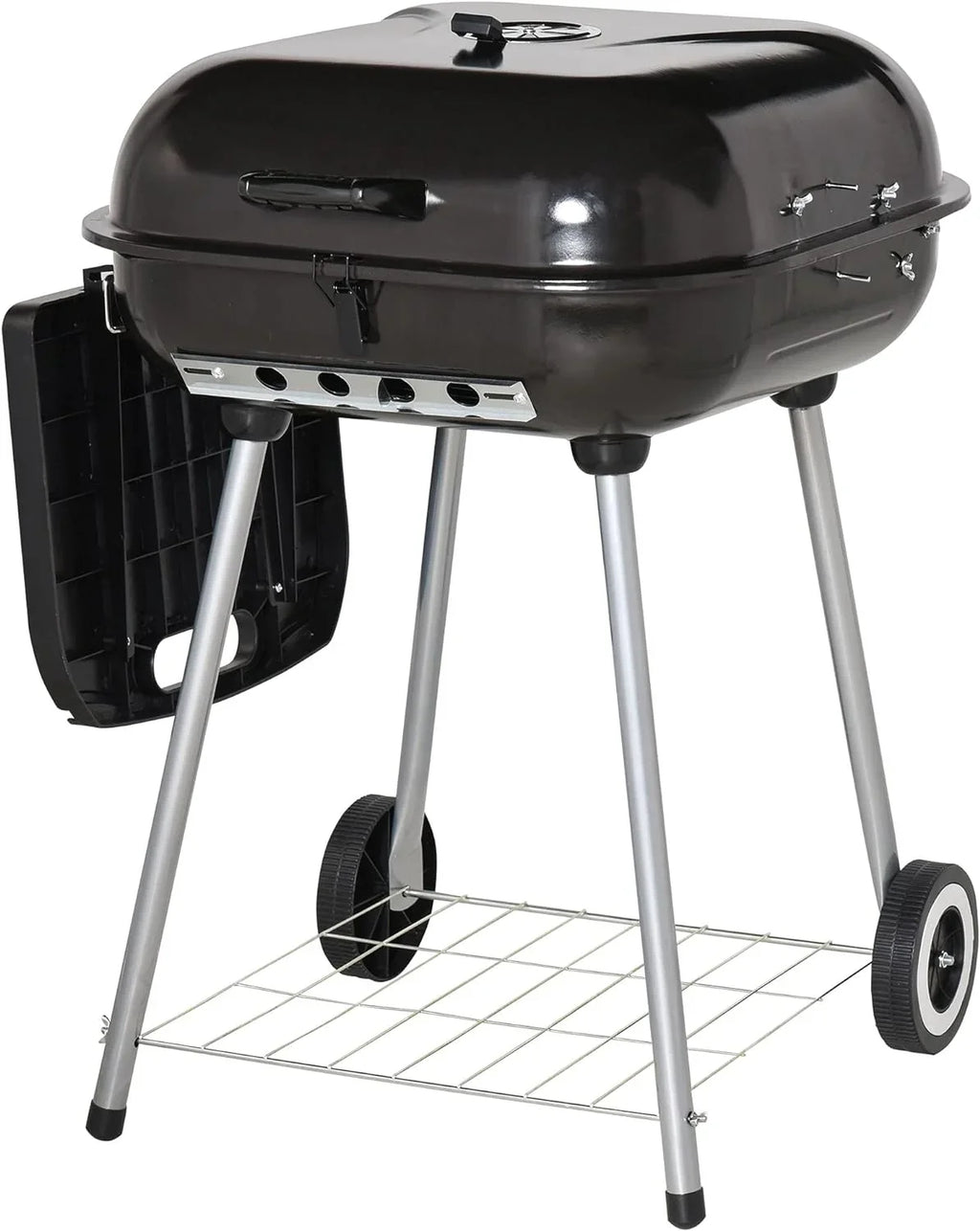 Portable Charcoal Grill with Foldable Side Shelf and Bottom Shelf, BBQ Smoker with Wheels and Adjustable Vents on Lid for Picnic Camping Backyard Cooking, Black