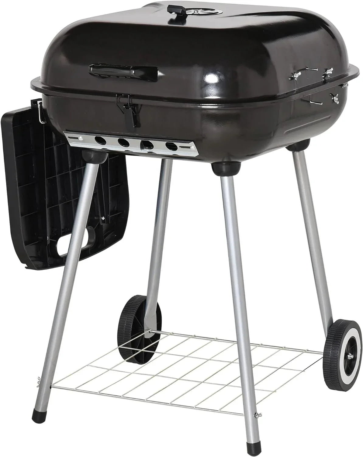 Portable Charcoal Grill with Foldable Side Shelf and Bottom Shelf, BBQ Smoker with Wheels and Adjustable Vents on Lid for Picnic Camping Backyard Cooking, Black