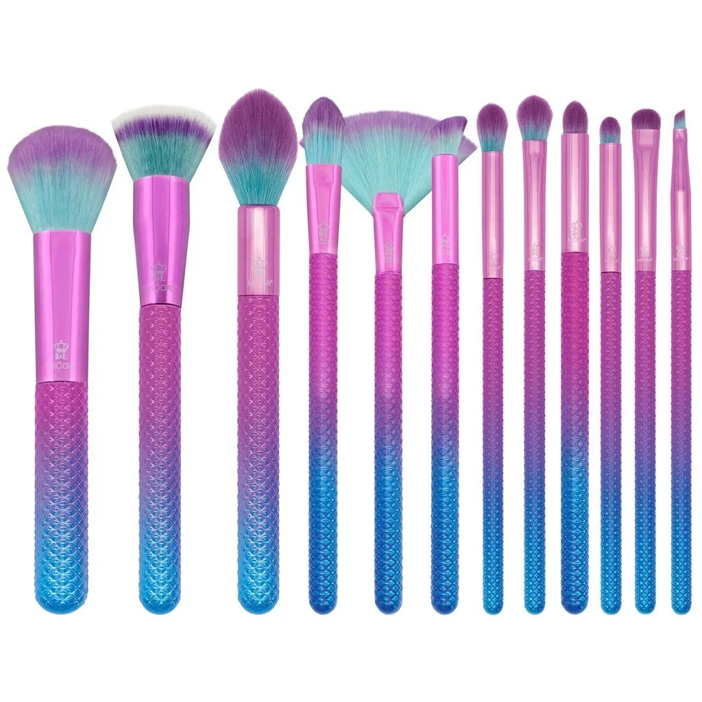 Moda Brush Prismatic Signature 12pc Makeup Brush Set, Includes Pointed Foundation, Fan, and Crease Makeup Brushes