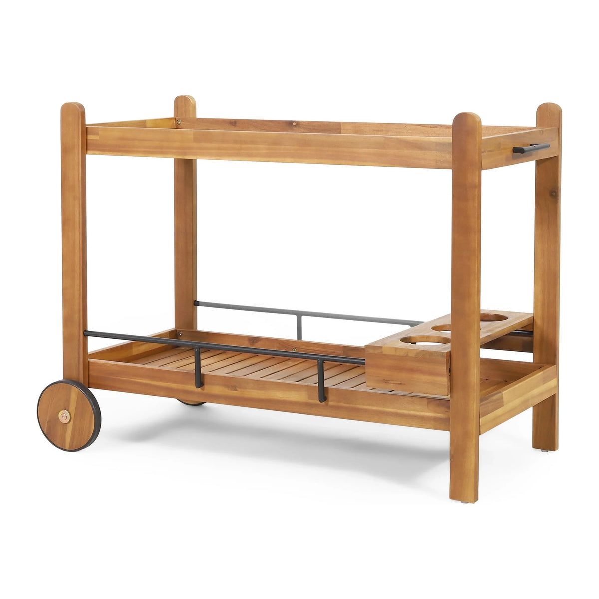 GDF Studio Bonneau Outdoor Acacia Plank 2 Tiered Bar Cart with Bottle Holders, Teak and Black