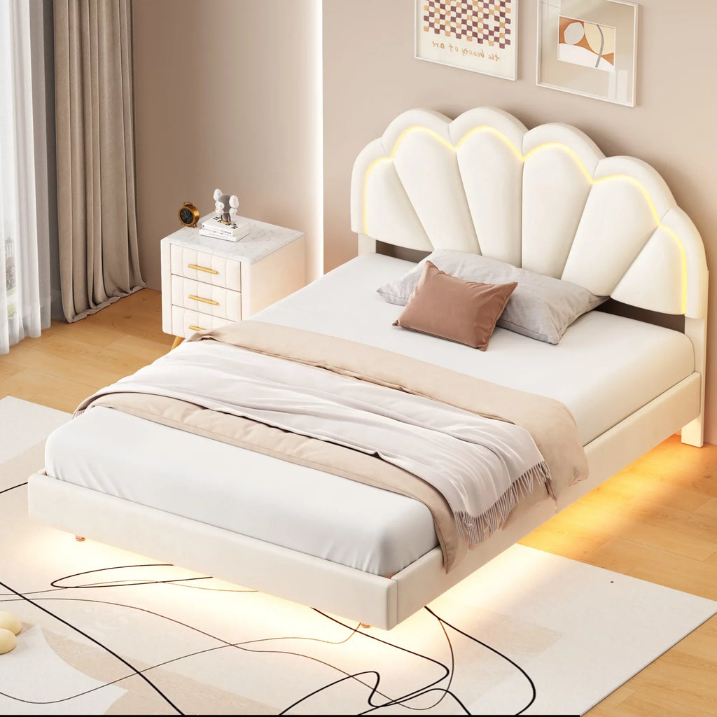 Cosymart Full Upholstered Smart LED Bed Frame with Elegant Flowers Headboard， Floating Velvet Platform LED Bed with Timber Slats Support， Beige