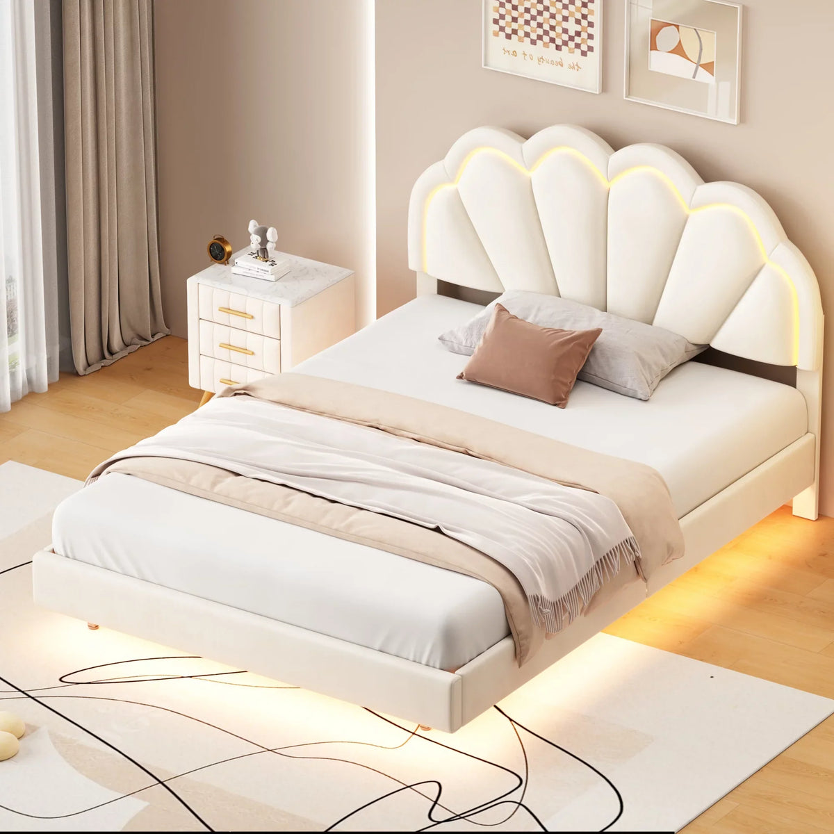 Cosymart Full Upholstered Smart LED Bed Frame with Elegant Flowers Headboard， Floating Velvet Platform LED Bed with Timber Slats Support， Beige