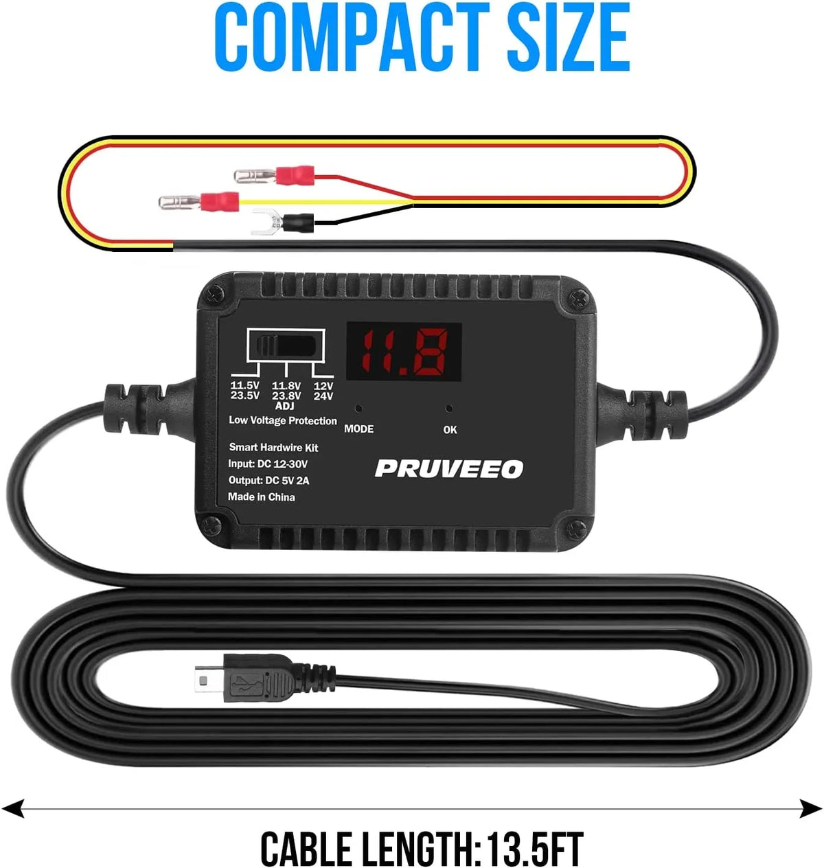 PRUVEEO Dash Cam Hardwire Kit, Intelligent and Adjustable Low-Voltage Protection Fit for 98% Dash Cam, 13ft Mini USB