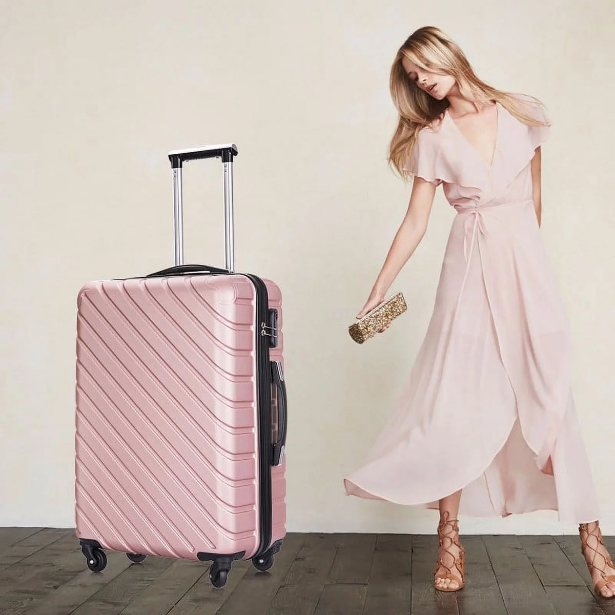 4 Piece Hardshell Luggage Sets,Travel Suitcase,Carry On Luggage with Spinner Wheels Free Enclosure Inside rose gold