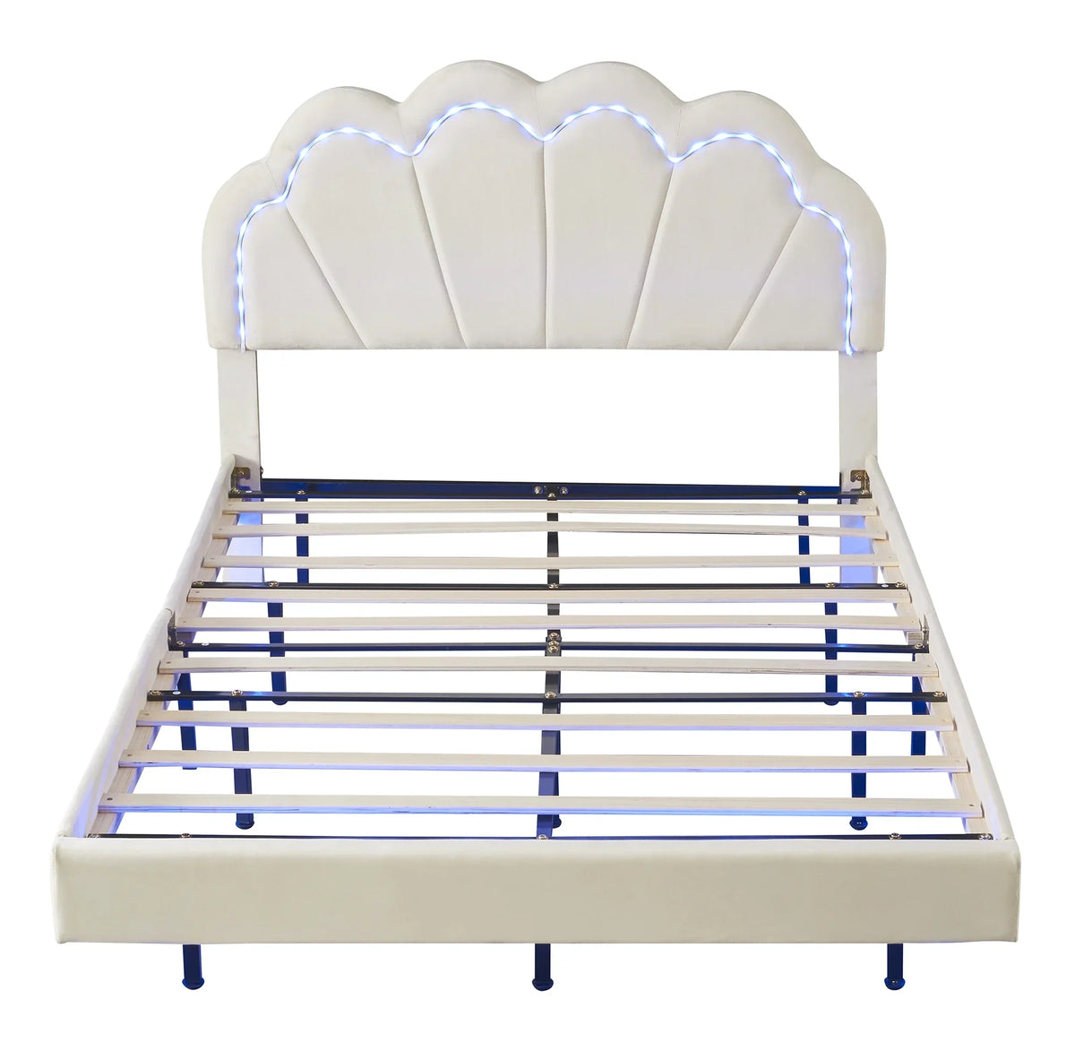 Cosymart Full Upholstered Smart LED Bed Frame with Elegant Flowers Headboard， Floating Velvet Platform LED Bed with Timber Slats Support， Beige