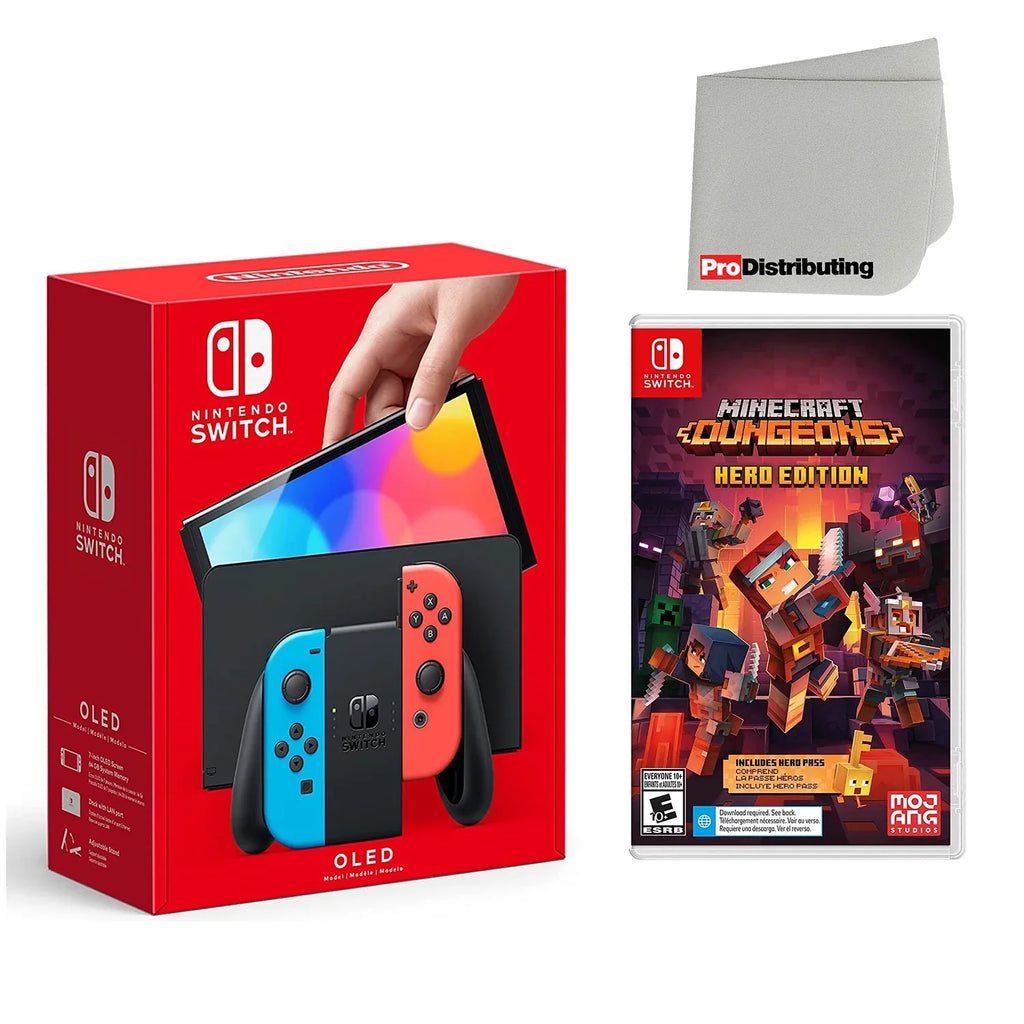 Nintendo Switch OLED Console Neon Red & Blue with Minecraft Dungeons Hero Edition and Screen Cleaning Cloth