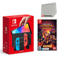Nintendo Switch OLED Console Neon Red & Blue with Minecraft Dungeons Hero Edition and Screen Cleaning Cloth