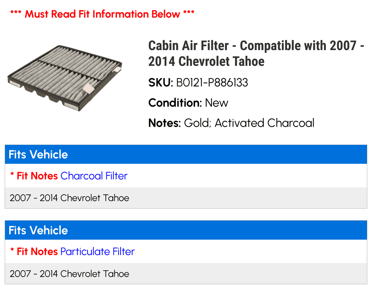 Cabin Air Filter - Compatible with 2007 - 2014 Chevy Tahoe 2008 2009 2010 2011 2012 2013