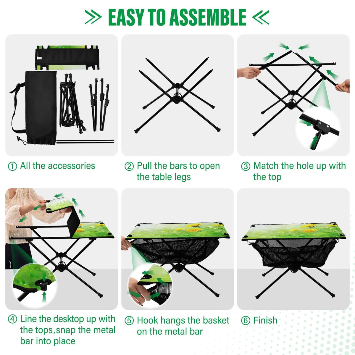 Spring Green Flowers Camping Folding Table Portable Beach Table with Storage Bag Compact Picnic Table for Outdoor Travel Fishing BBQ
