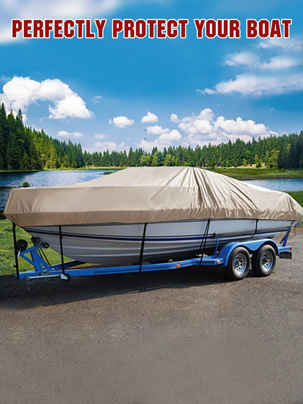 AngLink 17 - 19 ft Waterproof Boat Shield - 600D Heavy Duty Polyester Oxford Bass Runabout Boat Protection Sturdy and Tear Proof, All Weather Protection Fits V-Hull, TRI-Hull, Pro-Style | Beige