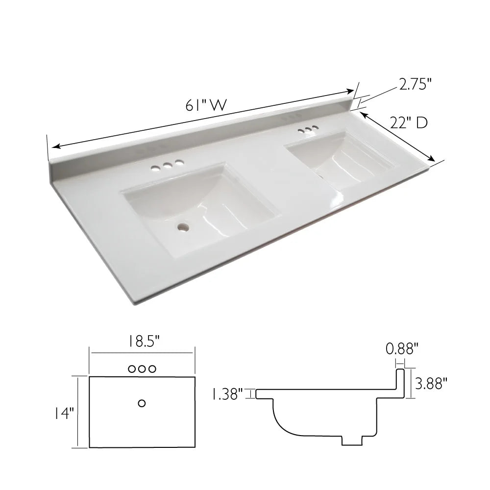 Pattern House 557678-WHT 61-inch Camilla Cultured Marble Centerset Mount Rectangle Double Bowl Vanity Top with Integrated Backsplash, Strong White