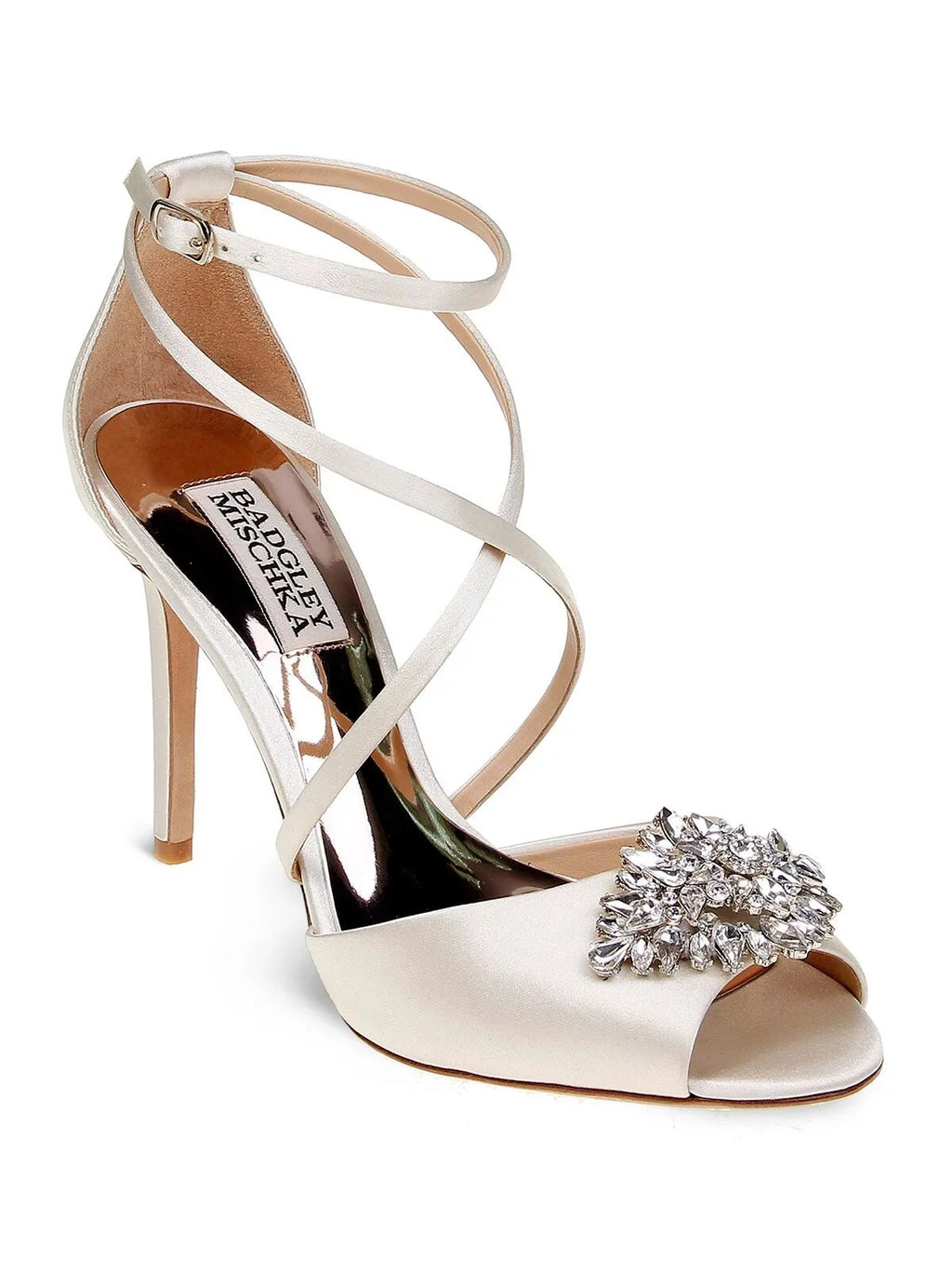 BADGLEY MISCHKA Womens Ivory Satin Beige Cushioned Footbed Dustbag Embellished Ankle Strap Tatum Open Toe Stiletto Buckle Dress Heeled Gladiator Sandal 8