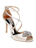 BADGLEY MISCHKA Womens Ivory Satin Beige Cushioned Footbed Dustbag Embellished Ankle Strap Tatum Open Toe Stiletto Buckle Dress Heeled Gladiator Sandal 8