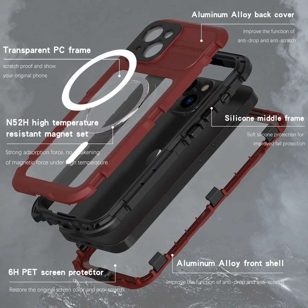for iPhone 14 Plus Case Waterproof Shockproof Dustproof Full-Body Sturdy with Camera Lens Protection and Built-in Screen Protector,Underwater Full Sealed Enclosure for iPhone 14 Plus, Red