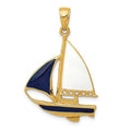 14K Yellow Gold 2-D Blue & White Enameled Sailboat Pendant